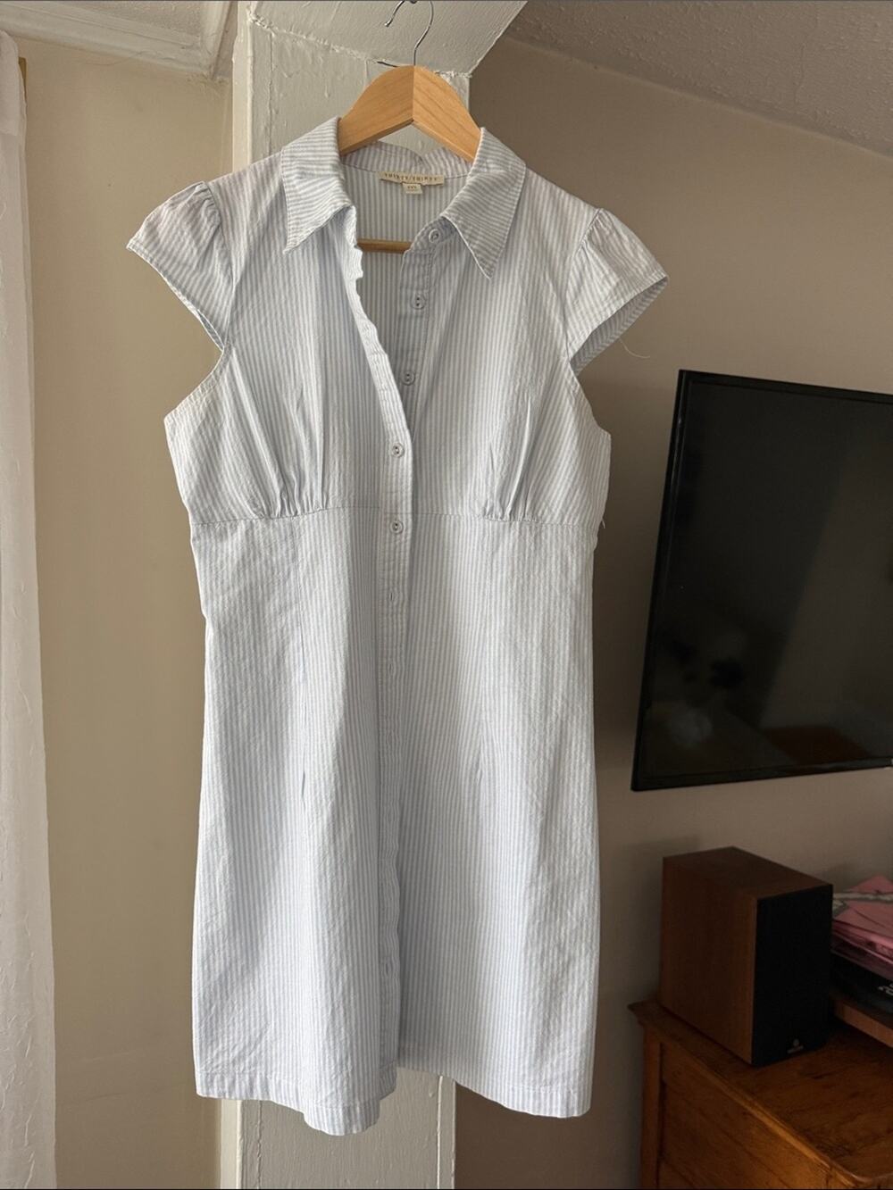 Thirty Thirty Size M Blue White Pinstripe Button Front Shirt Dress